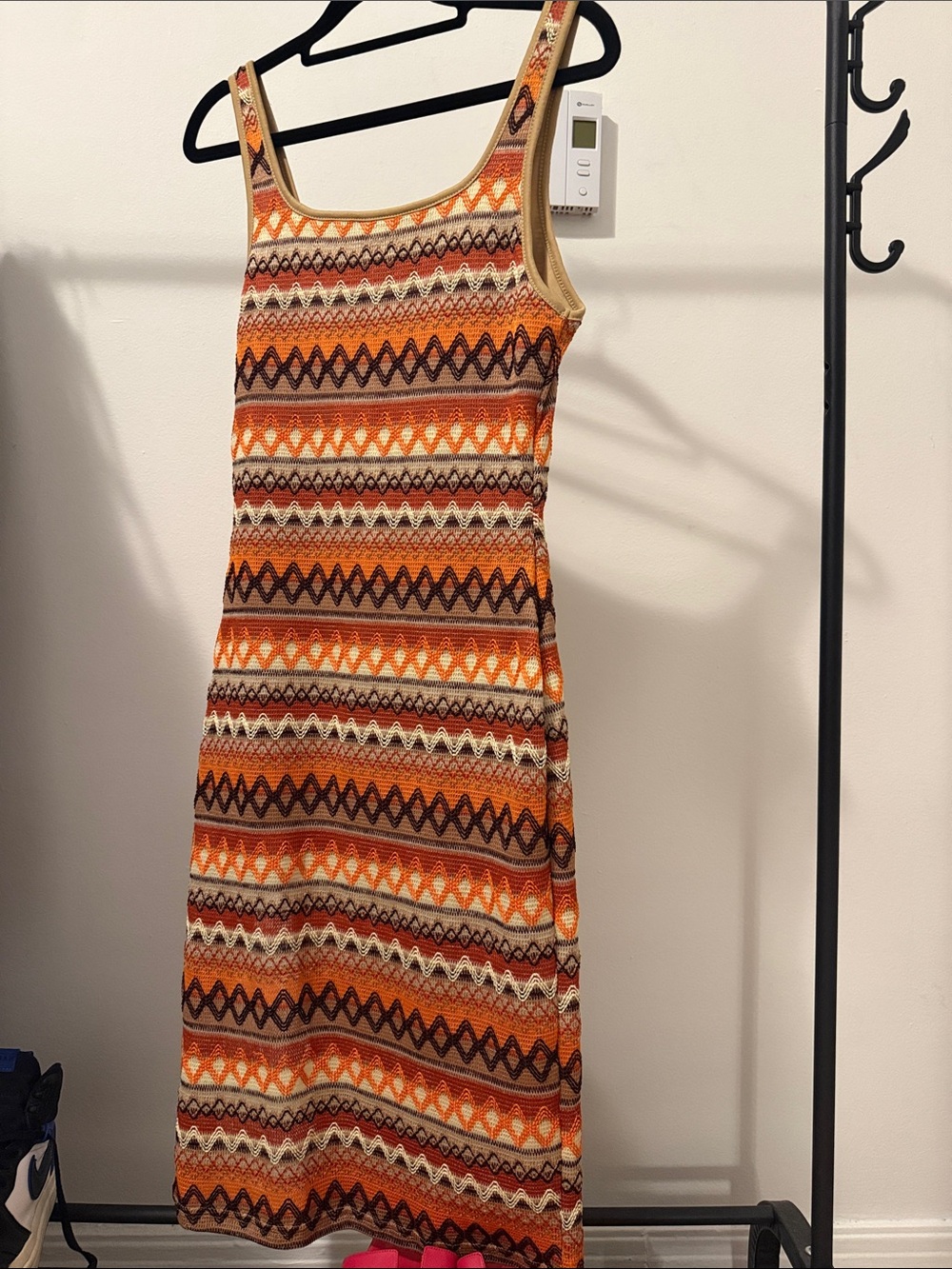 SHEIN Orange & Brown Patterned Knit Midi Tank Dress